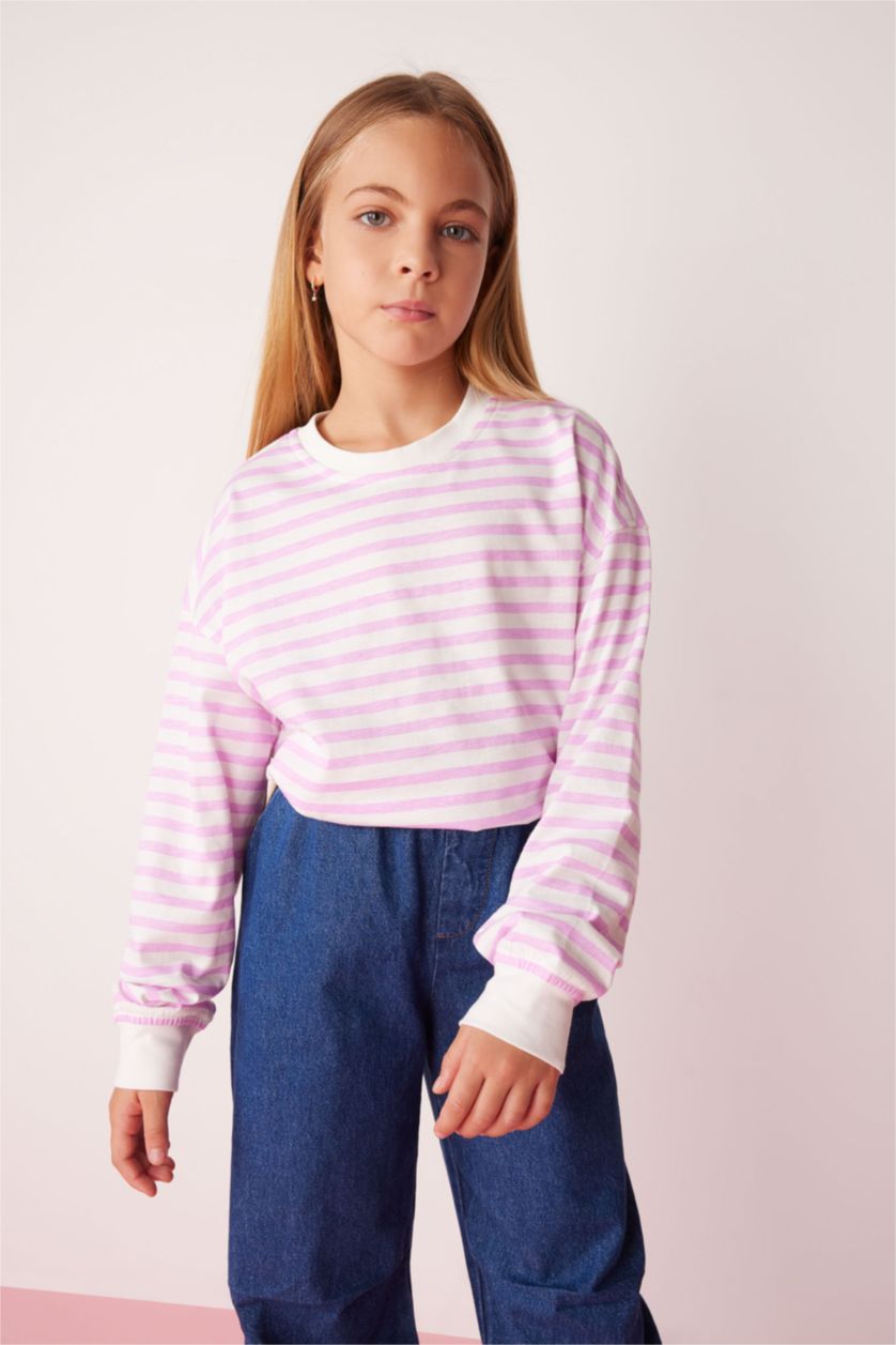 GIRLS & TEENS Pink Girl Crew Neck Striped Cotton T-Shirt