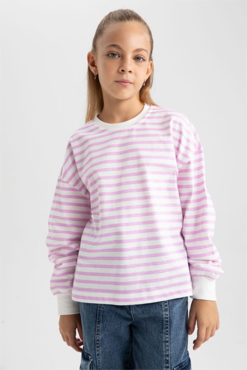 GIRLS & TEENS Pink Girl Crew Neck Striped Cotton T-Shirt