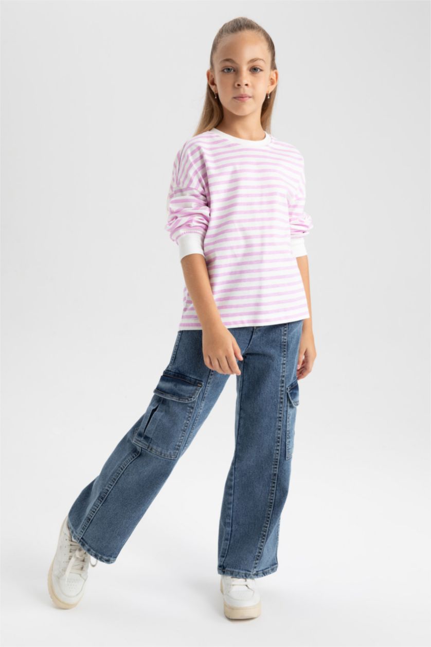 GIRLS & TEENS Pink Girl Crew Neck Striped Cotton T-Shirt