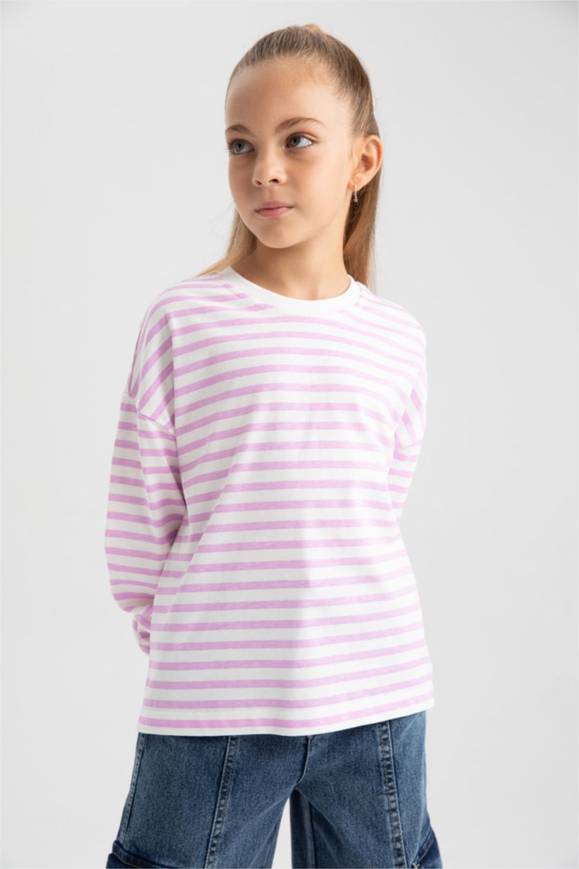 GIRLS & TEENS Pink Girl Crew Neck Striped Cotton T-Shirt