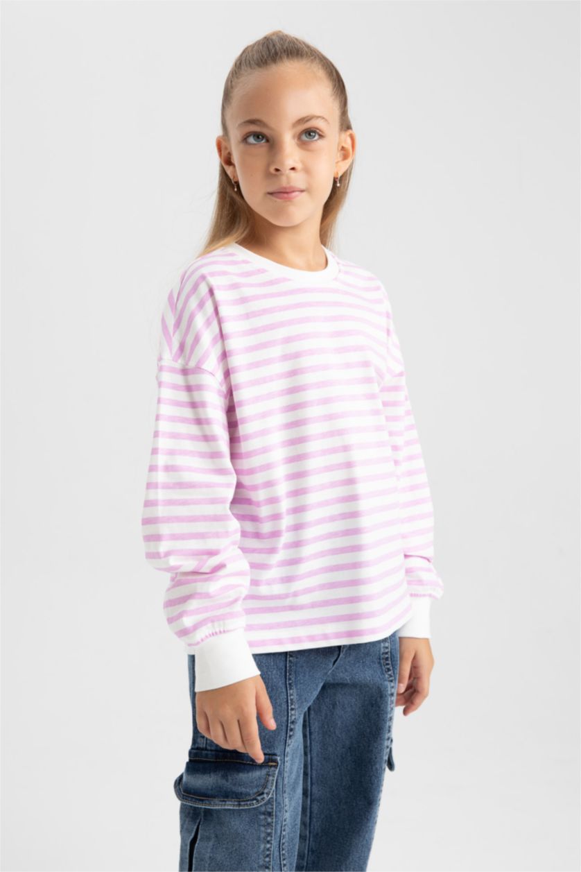 GIRLS & TEENS Pink Girl Crew Neck Striped Cotton T-Shirt
