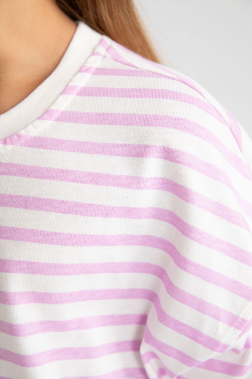 GIRLS & TEENS Pink Girl Crew Neck Striped Cotton T-Shirt