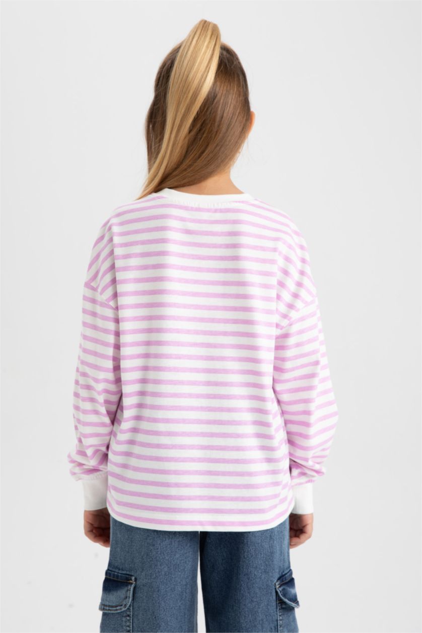 GIRLS & TEENS Pink Girl Crew Neck Striped Cotton T-Shirt