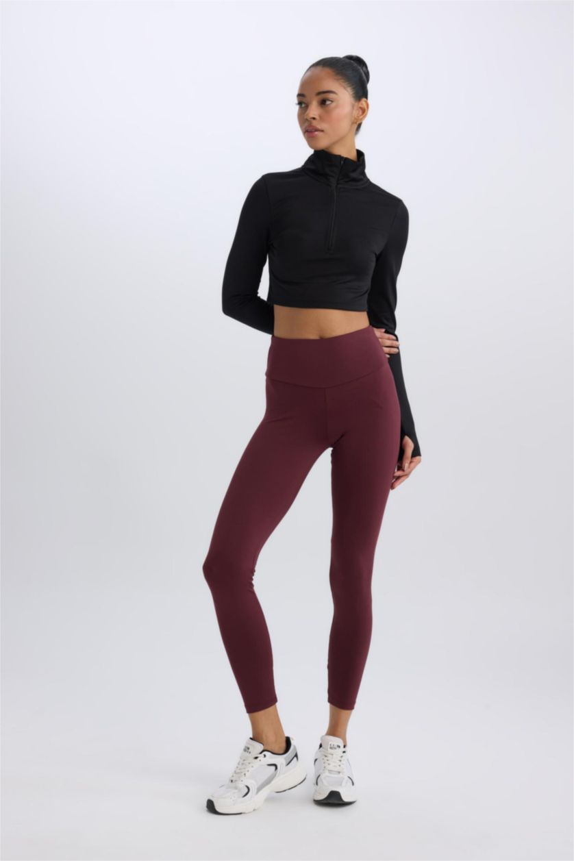 Kadın Bordo Yüksek Bel Beli Saran Esnek Basic Düz Sporcu Tayt