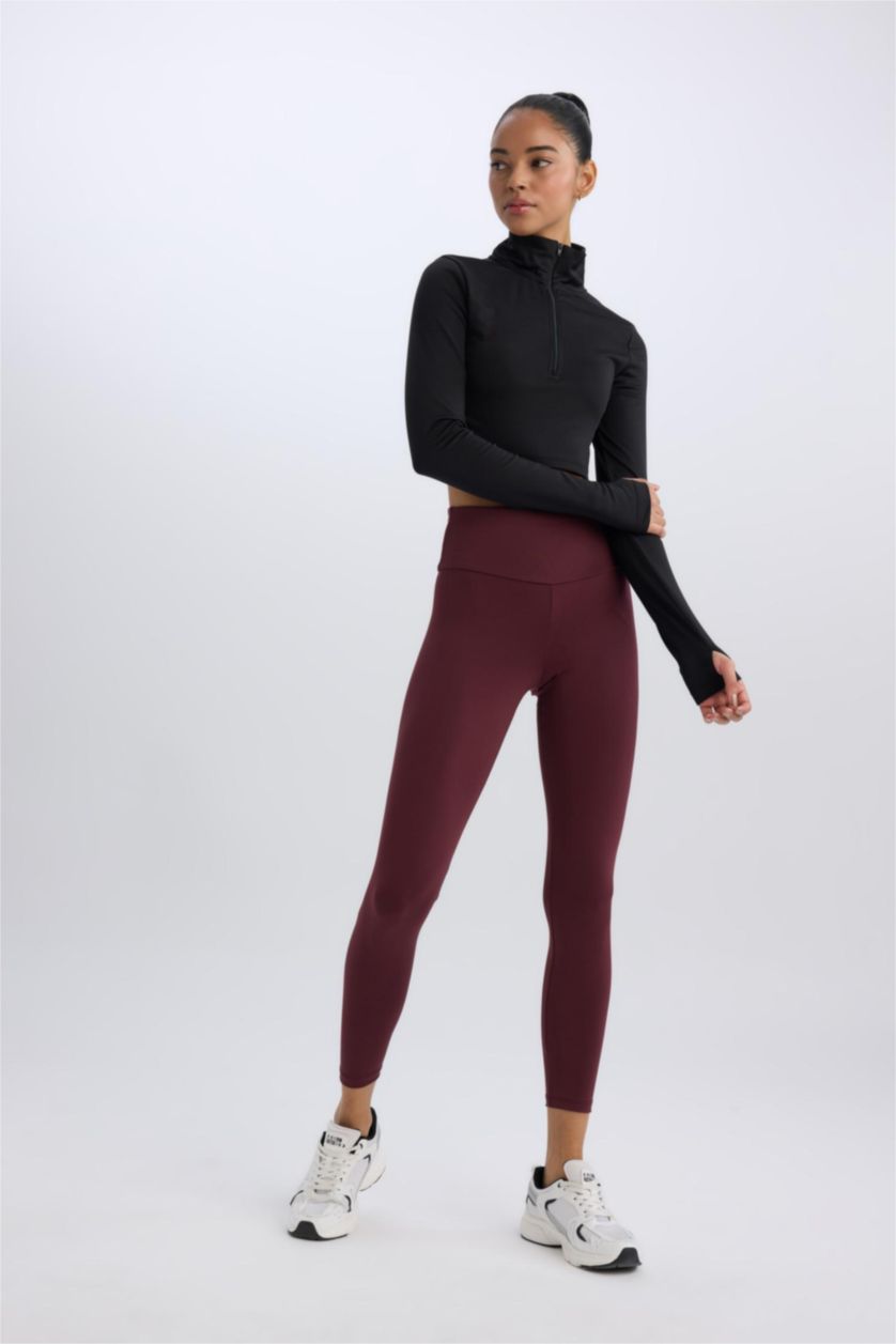 Kadın Bordo Yüksek Bel Beli Saran Esnek Basic Düz Sporcu Tayt