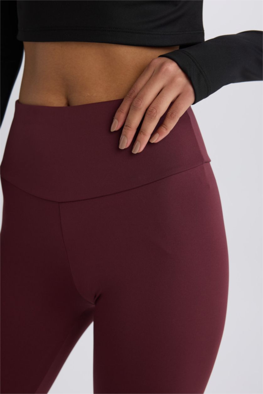 Kadın Bordo Yüksek Bel Beli Saran Esnek Basic Düz Sporcu Tayt