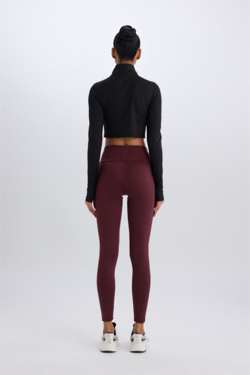 Kadın Bordo Yüksek Bel Beli Saran Esnek Basic Düz Sporcu Tayt