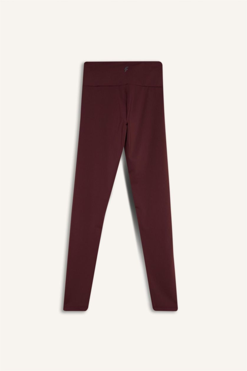Kadın Bordo Yüksek Bel Beli Saran Esnek Basic Düz Sporcu Tayt