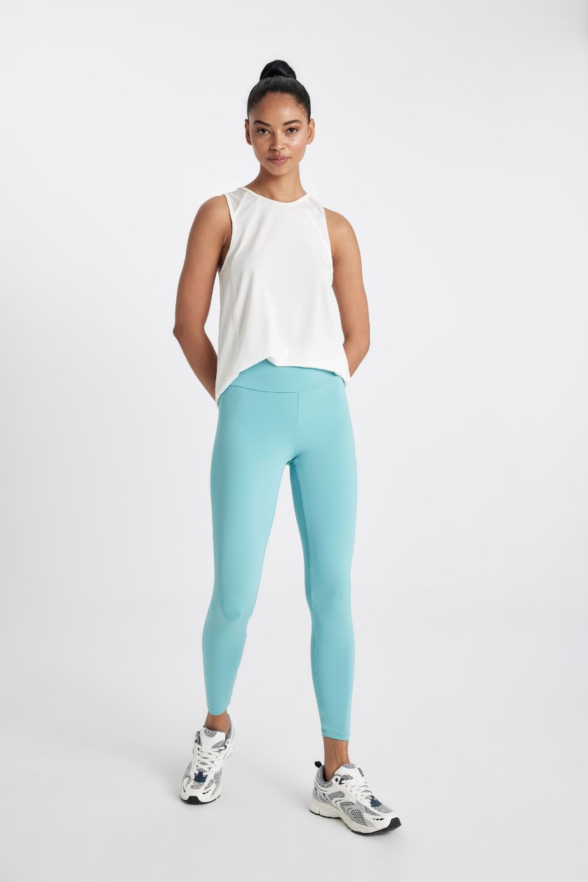 Kadın Koyu Deniz Mavisi Yüksek Bel Beli Saran Esnek Basic Düz Sporcu Tayt