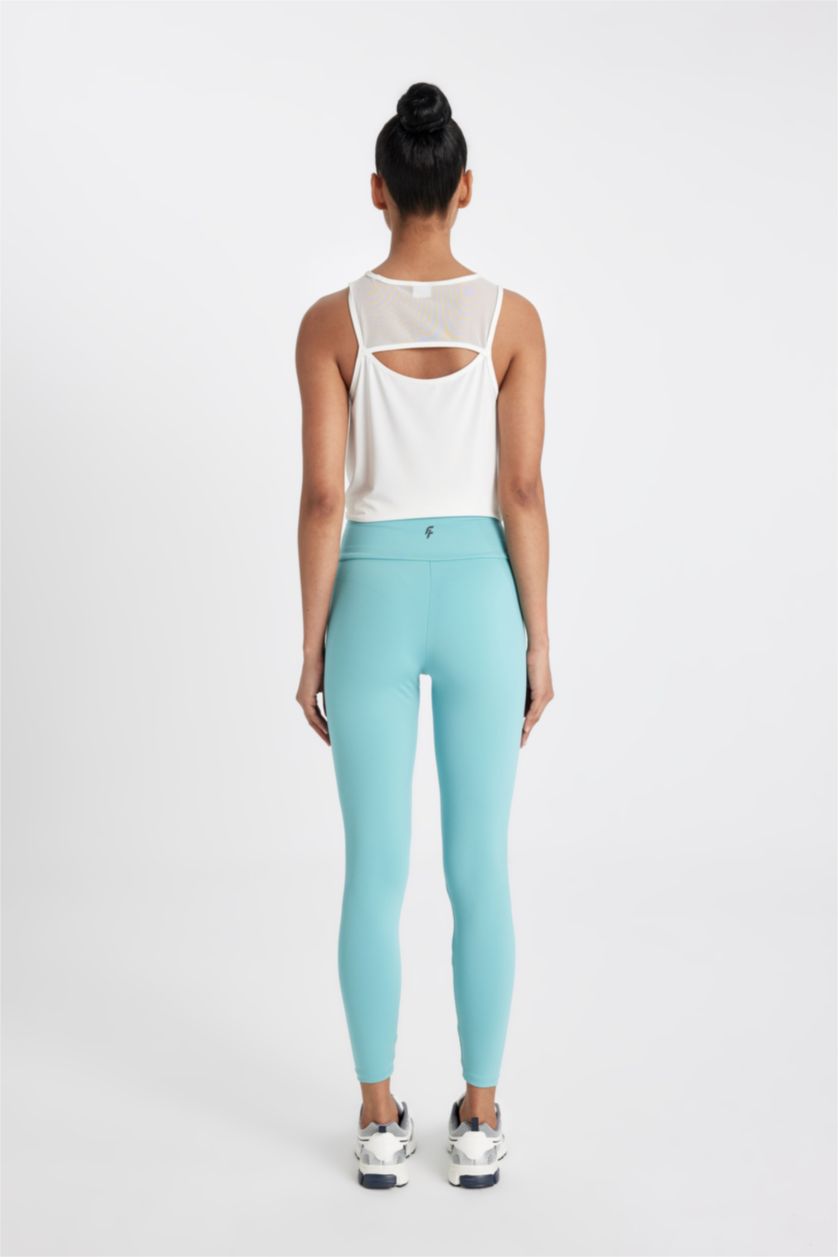 Kadın Koyu Deniz Mavisi Yüksek Bel Beli Saran Esnek Basic Düz Sporcu Tayt