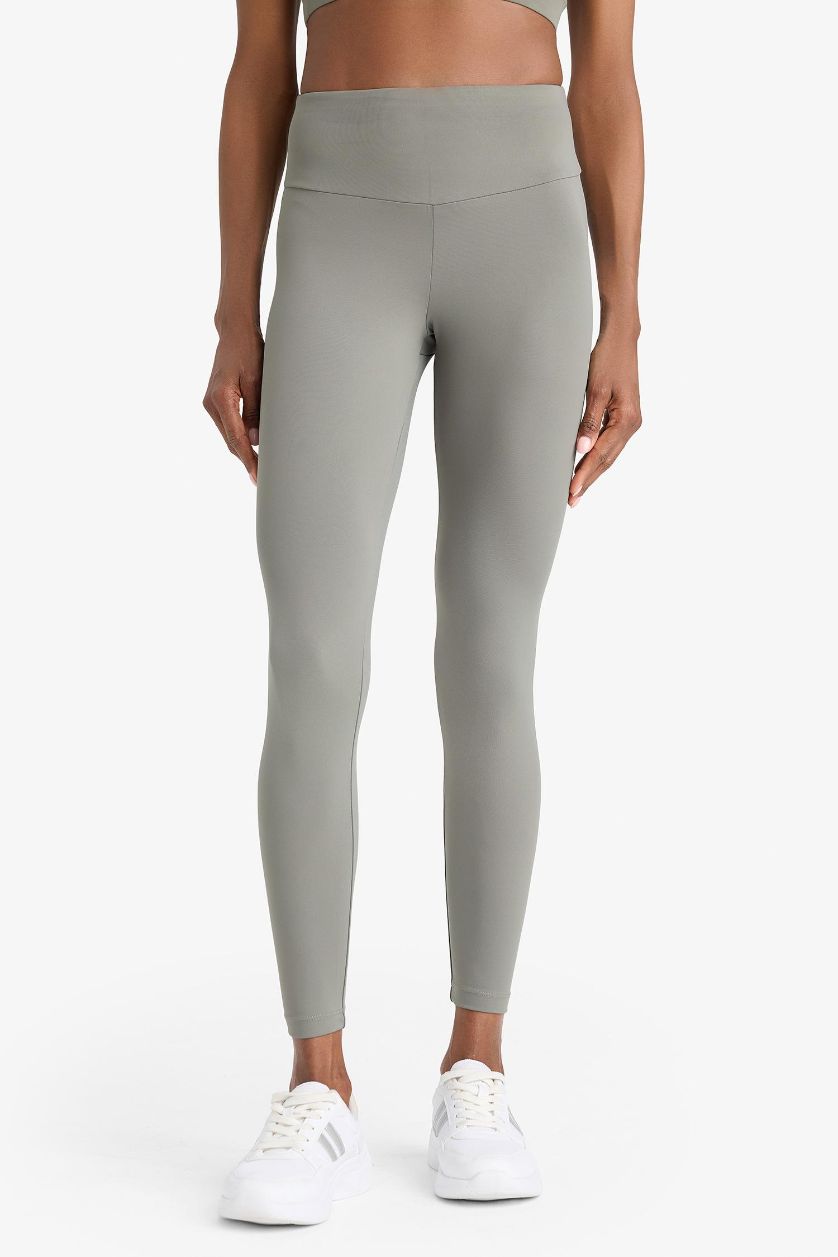 Kadın Açık Haki Toparlayıcı Yüksek Bel Esnek Kumaş Basic Sporcu Tayt