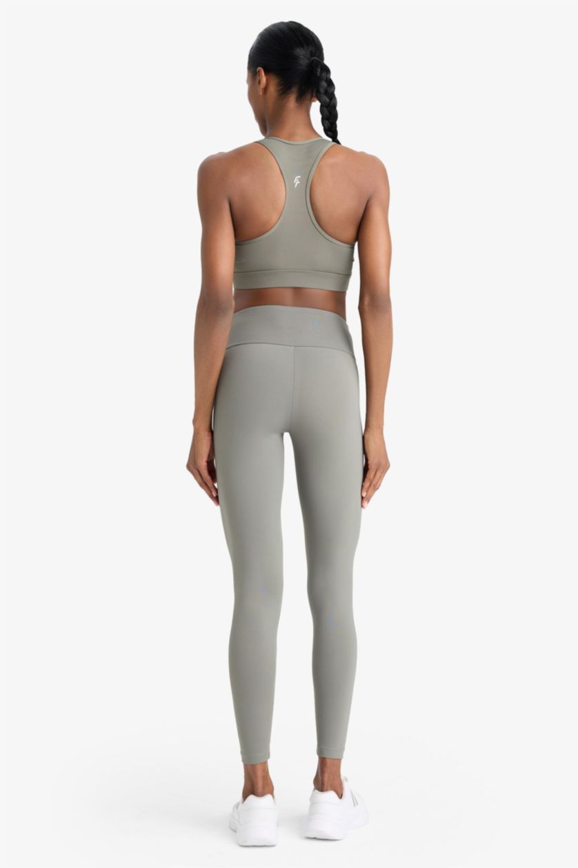 Kadın Açık Haki Toparlayıcı Yüksek Bel Esnek Kumaş Basic Sporcu Tayt