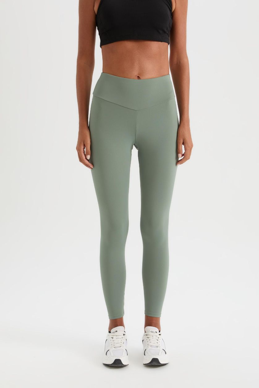 Kadın Haki Toparlayıcı Yüksek Bel Esnek Kumaş Basic Sporcu Tayt