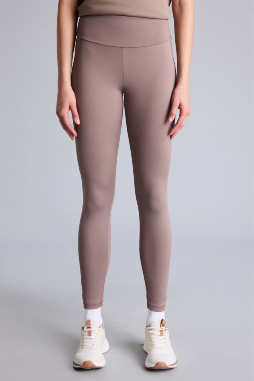 Kadın Açık Kahve Slogan Baskılı Beli Saran Sporcu Tayt