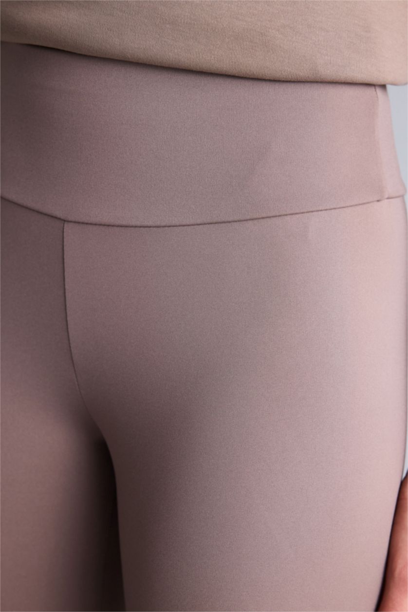 Kadın Açık Kahve Slogan Baskılı Beli Saran Sporcu Tayt