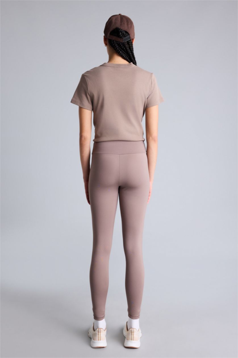 Kadın Açık Kahve Slogan Baskılı Beli Saran Sporcu Tayt