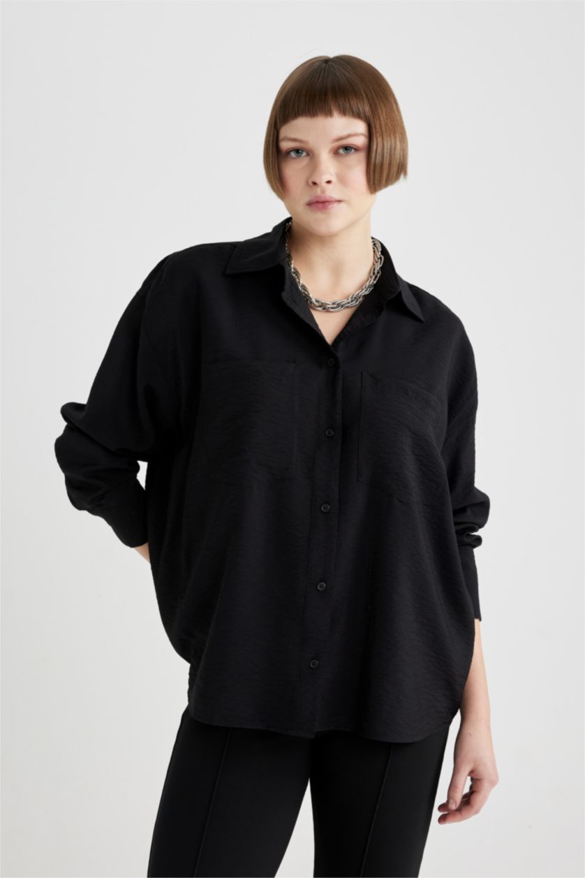 FEMME Noir Tunique Oversize Col Chemise à Manches Longues