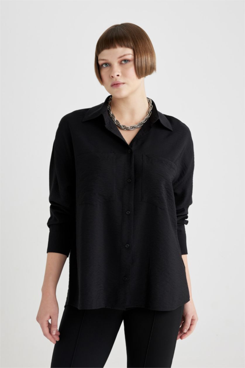 FEMME Noir Tunique Oversize Col Chemise à Manches Longues