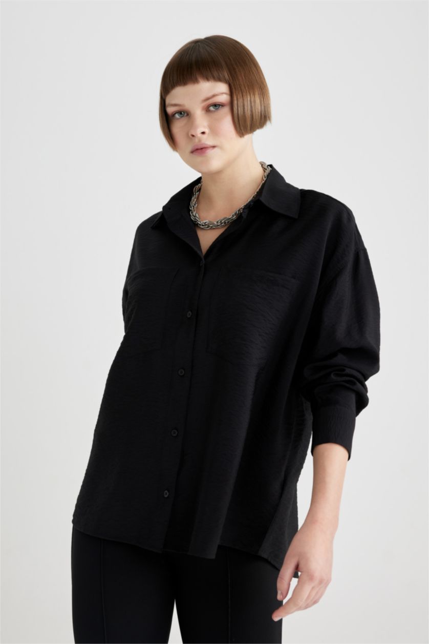 FEMME Noir Tunique Oversize Col Chemise à Manches Longues