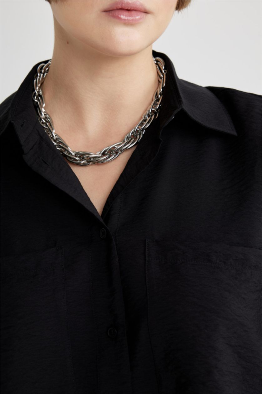 FEMME Noir Tunique Oversize Col Chemise à Manches Longues