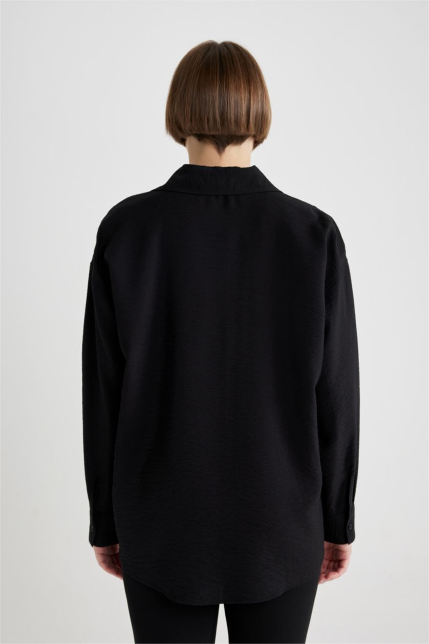 FEMME Noir Tunique Oversize Col Chemise à Manches Longues