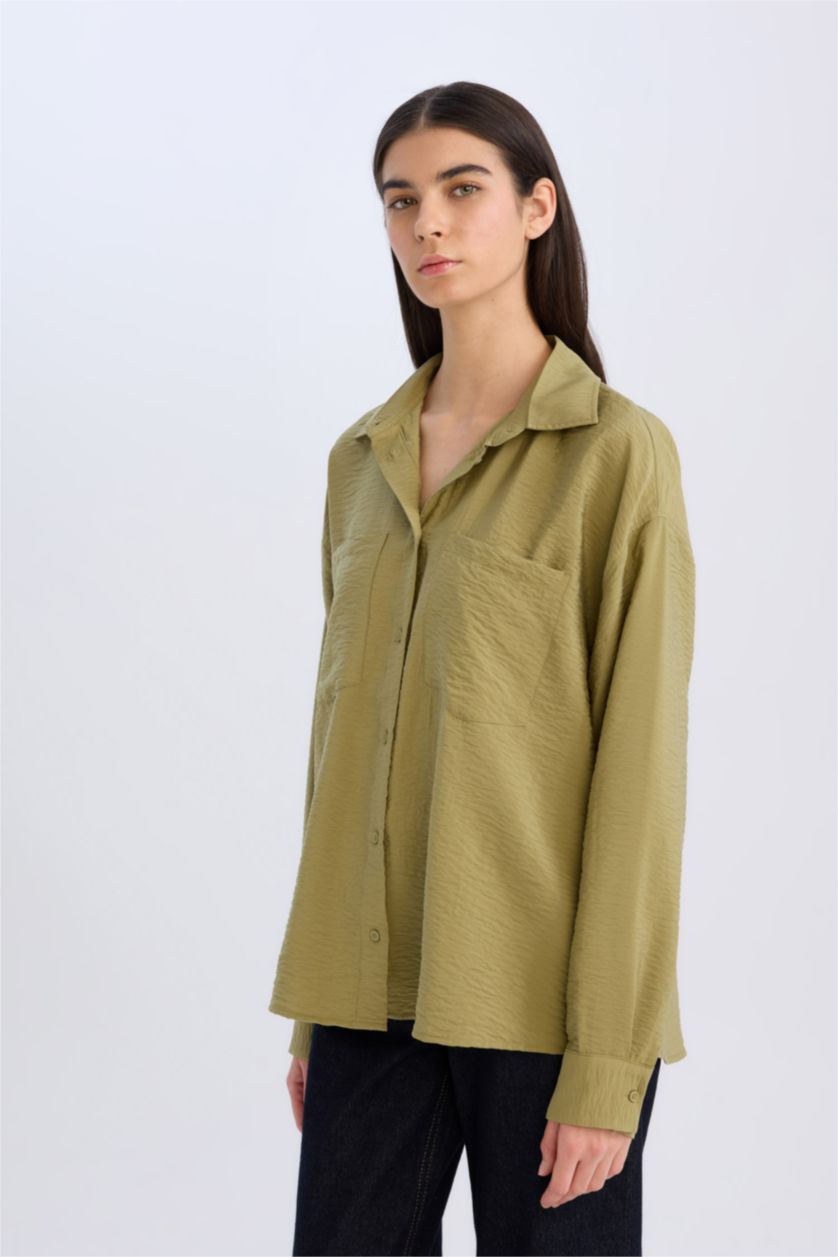WOMAN Khaki Oversize Fit Shirt Collar Long Sleeve Shirt