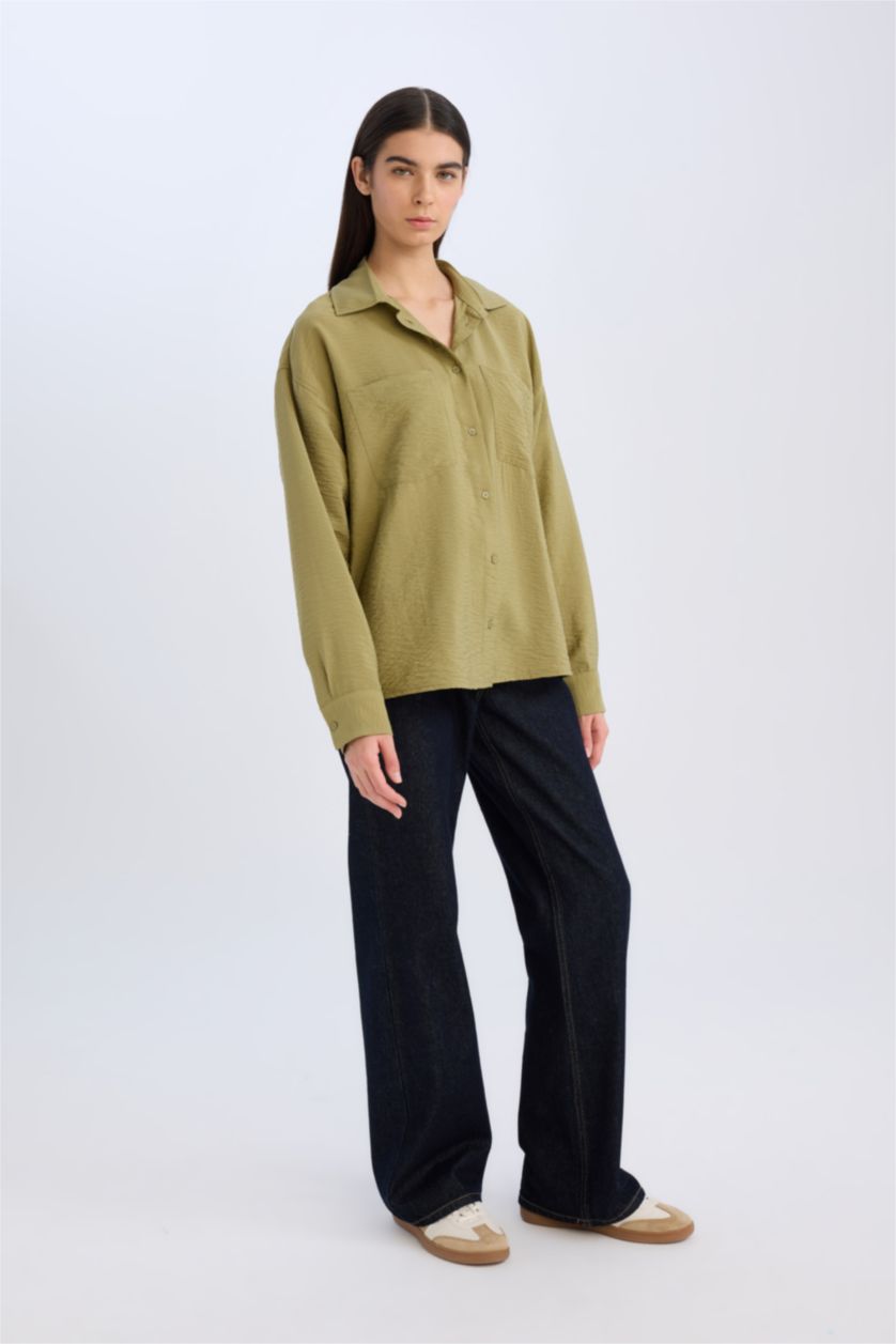 WOMAN Khaki Oversize Fit Shirt Collar Long Sleeve Shirt