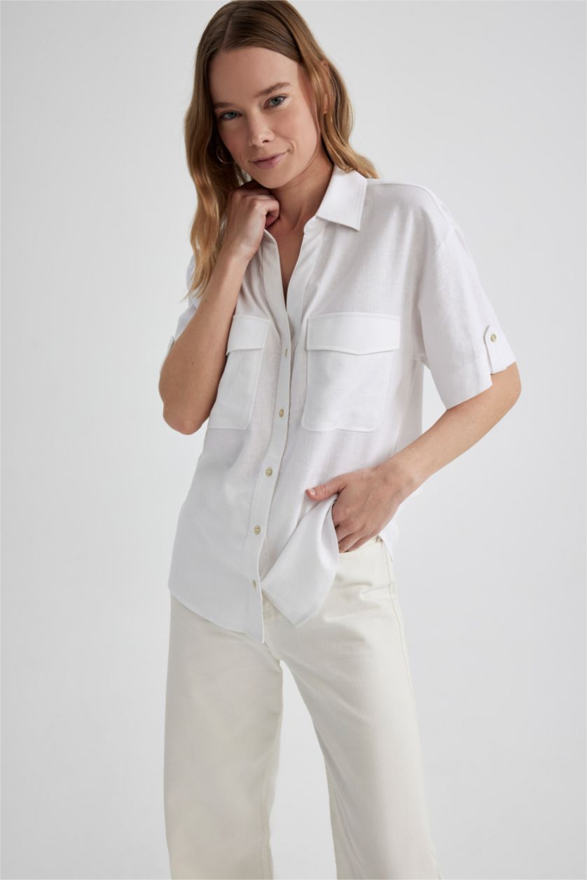 Woman White Regular Fit Shirt Collar Linen Blend Short Sleeve Shirt