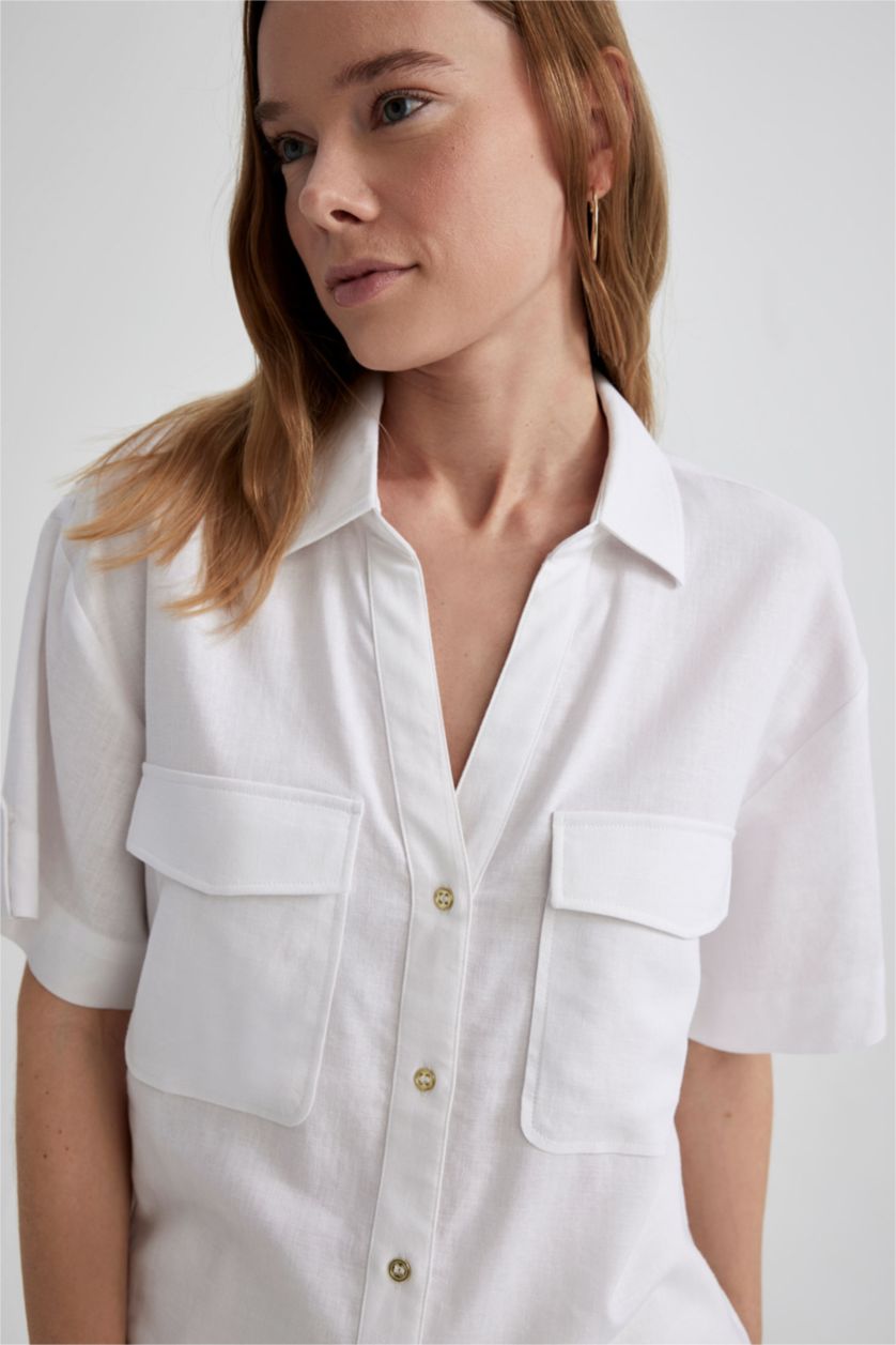 Woman White Regular Fit Shirt Collar Linen Blend Short Sleeve Shirt