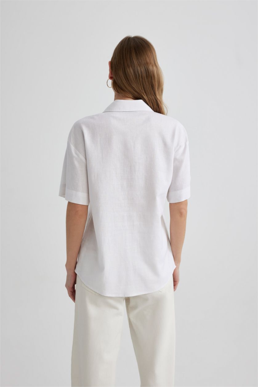 Woman White Regular Fit Shirt Collar Linen Blend Short Sleeve Shirt