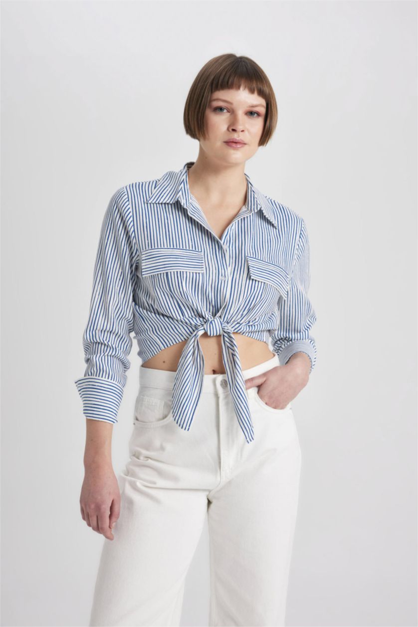 WOMAN NAVY Shirt Collar Linen Blend Long Sleeve Crop Shirt