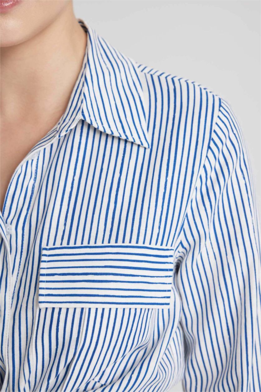 WOMAN NAVY Shirt Collar Linen Blend Long Sleeve Crop Shirt