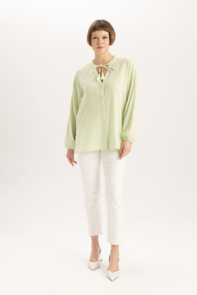 WOMAN Light Green Regular Fit Crew Neck Long Sleeve Blouse