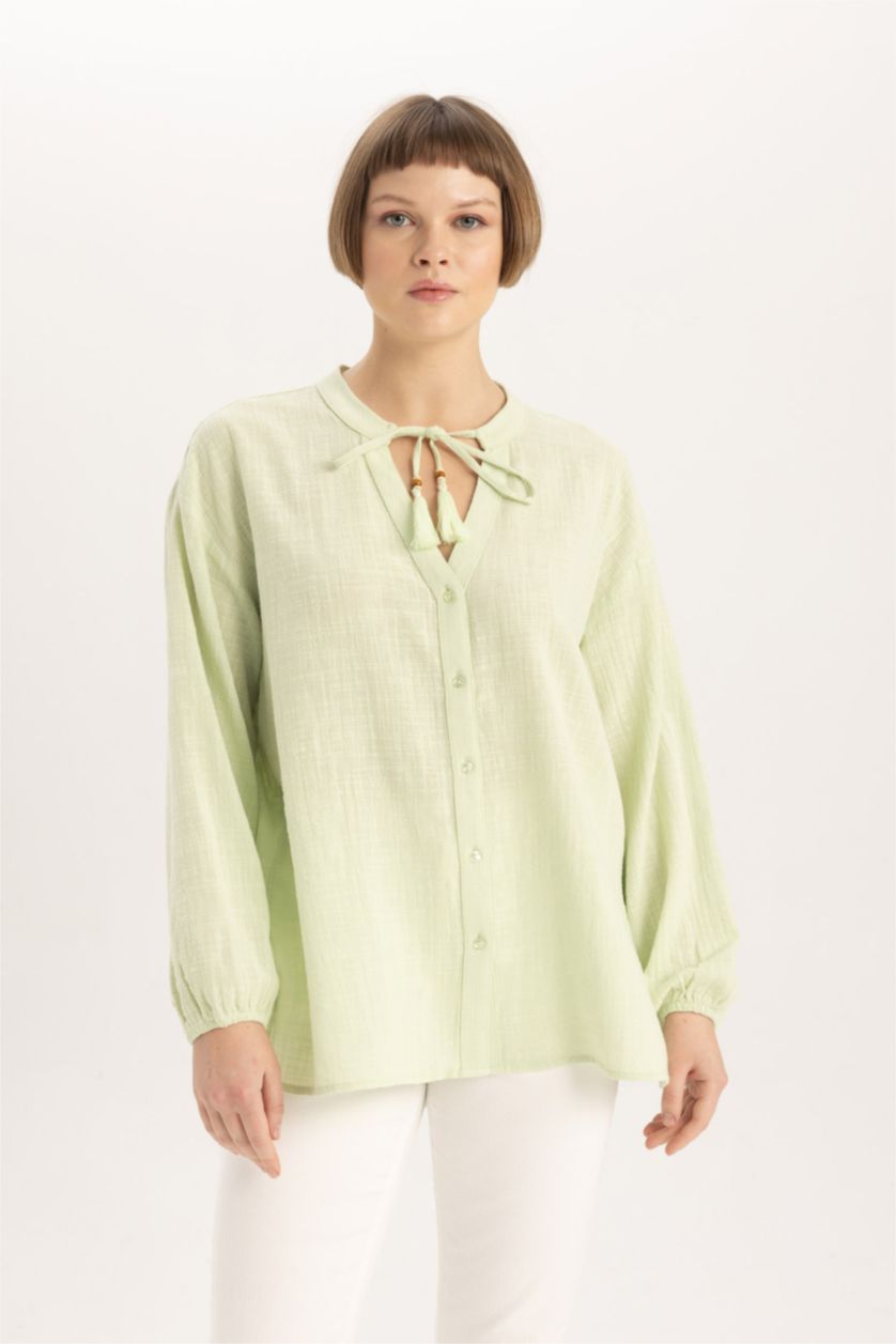 WOMAN Light Green Regular Fit Crew Neck Long Sleeve Blouse