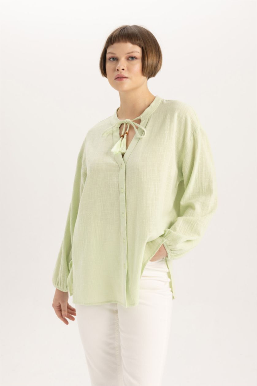 WOMAN Light Green Regular Fit Crew Neck Long Sleeve Blouse
