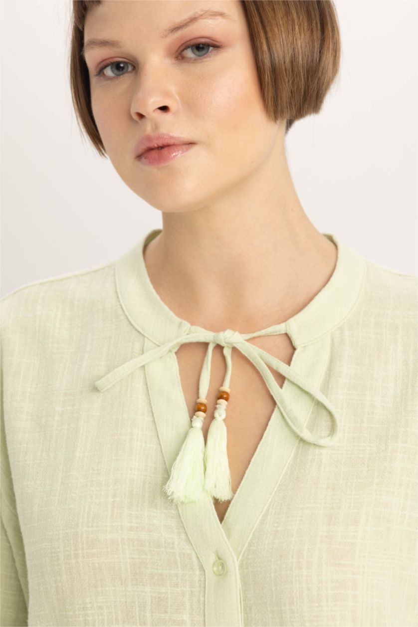 WOMAN Light Green Regular Fit Crew Neck Long Sleeve Blouse