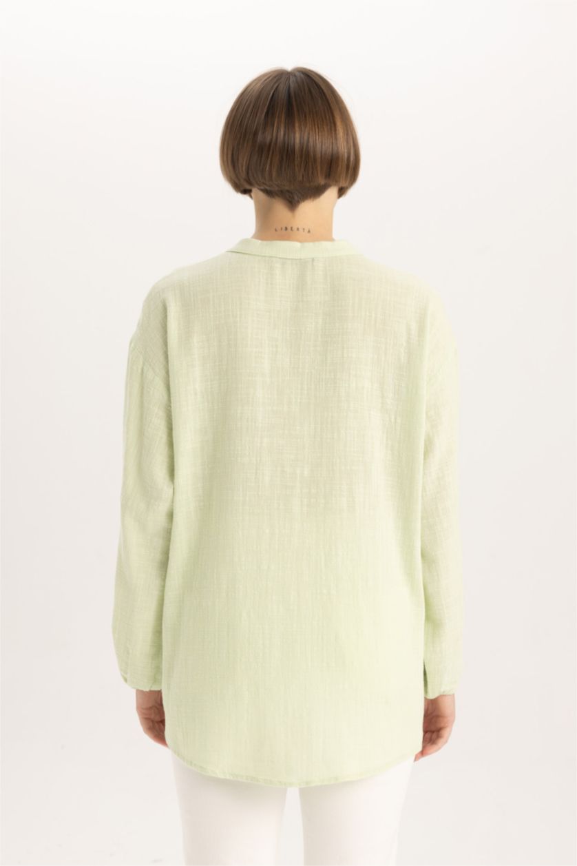 WOMAN Light Green Regular Fit Crew Neck Long Sleeve Blouse