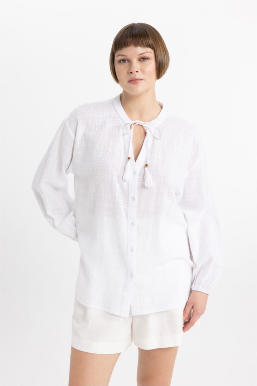 FEMME Blanc Blouse coupe régulière à Manches Longues et Col Rond