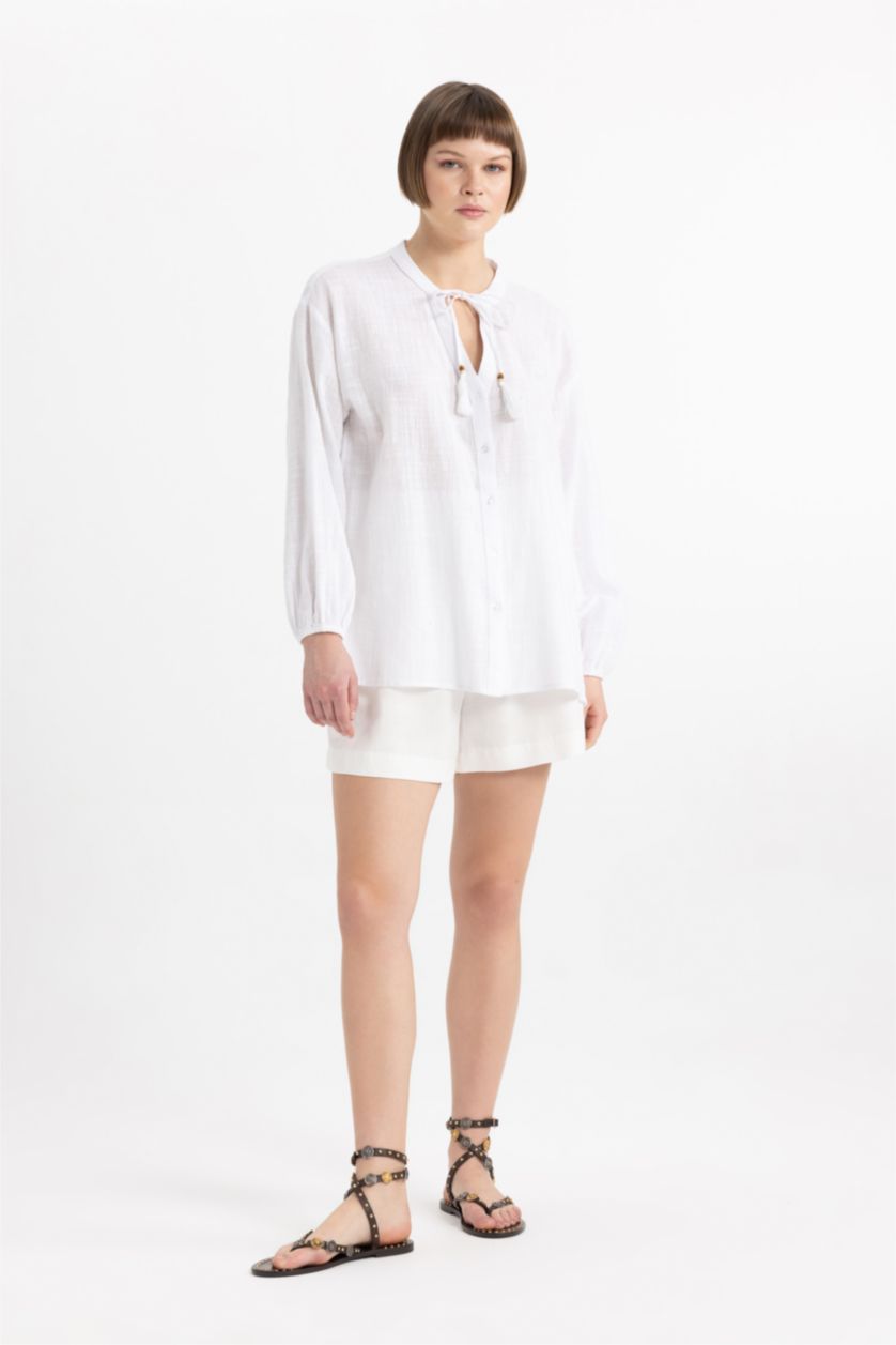 FEMME Blanc Blouse coupe régulière à Manches Longues et Col Rond