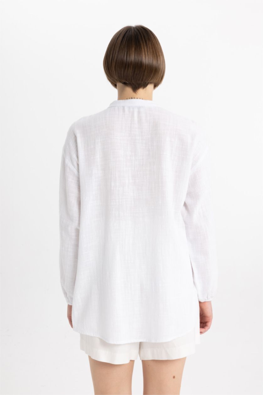 FEMME Blanc Blouse coupe régulière à Manches Longues et Col Rond