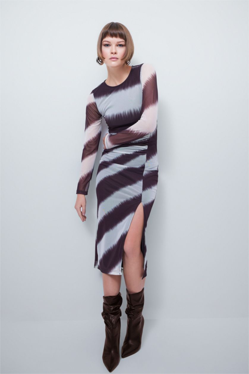 Женщины Визон Платье миди с круглым вырезом с длинным рукавом