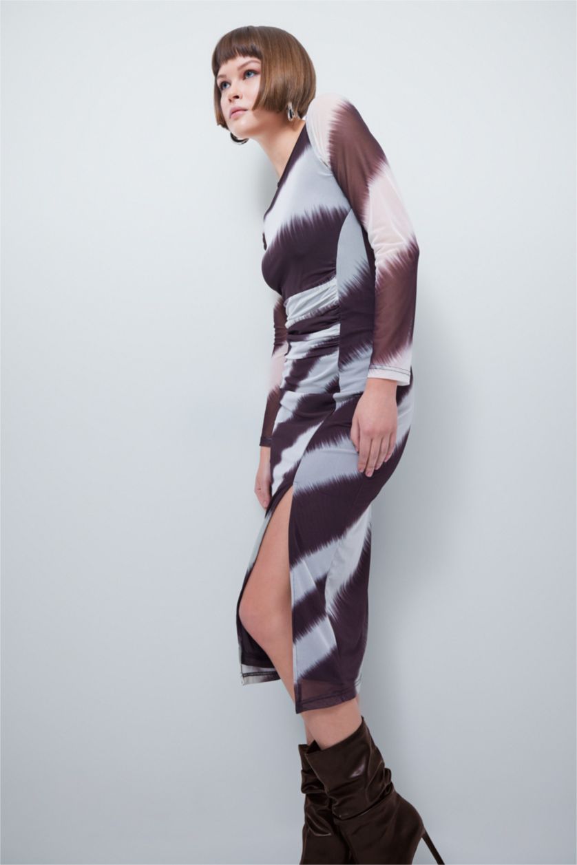 Женщины Визон Платье миди с круглым вырезом с длинным рукавом