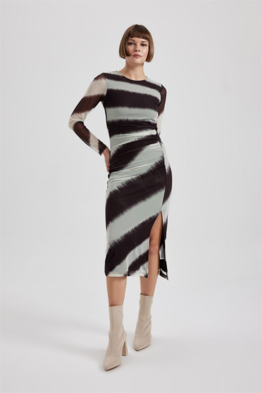 Женщины Визон Платье миди с круглым вырезом с длинным рукавом