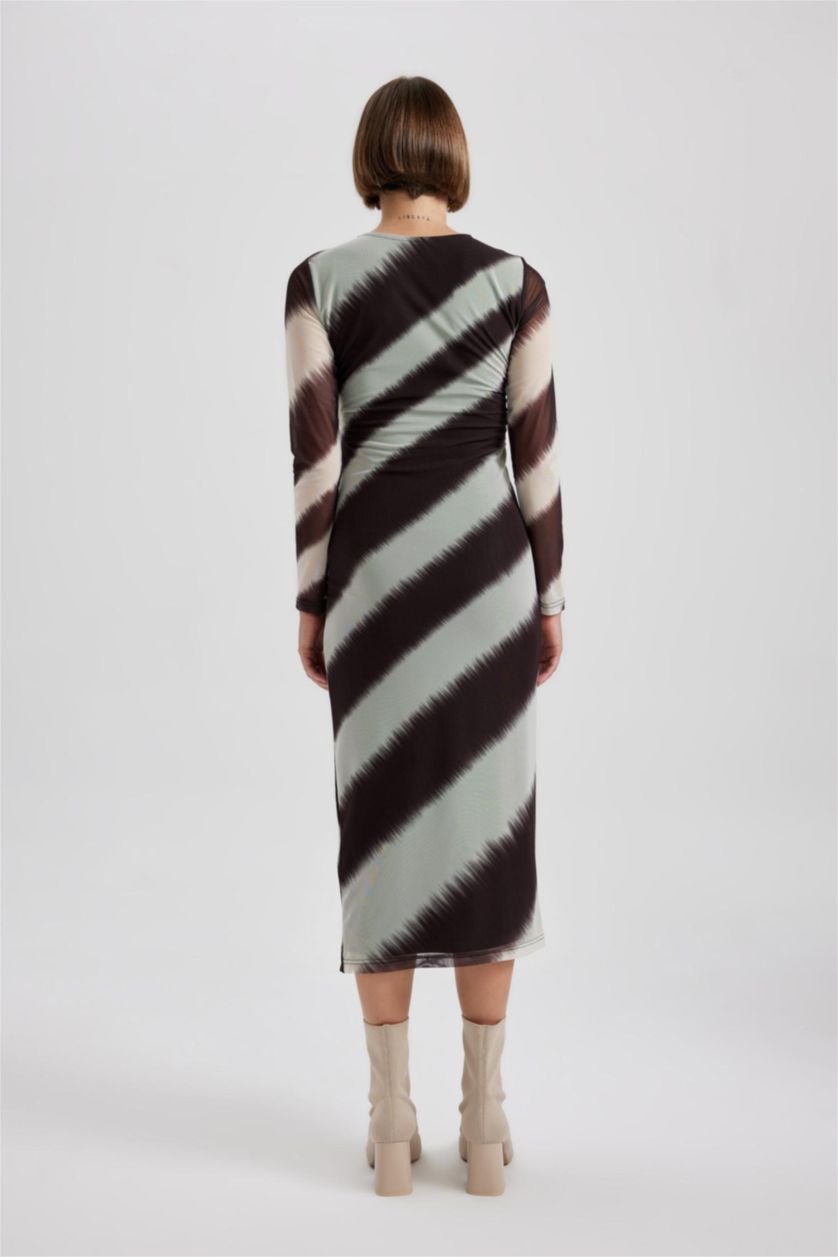 Женщины Визон Платье миди с круглым вырезом с длинным рукавом