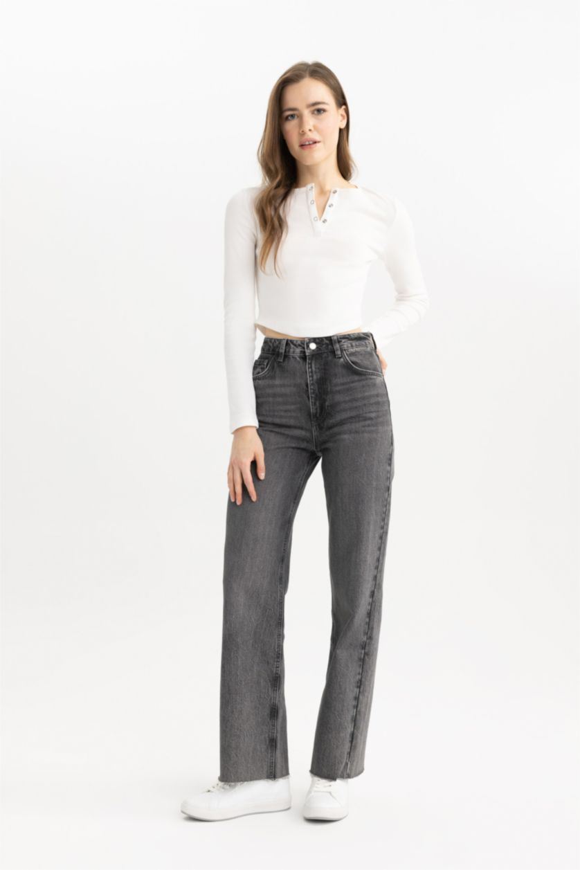 WOMAN Grey Wide Leg High Waist Ankle Length Jeans
