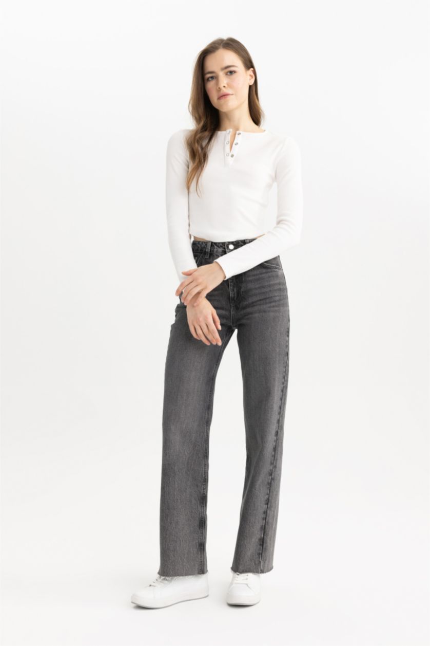 WOMAN Grey Wide Leg High Waist Ankle Length Jeans