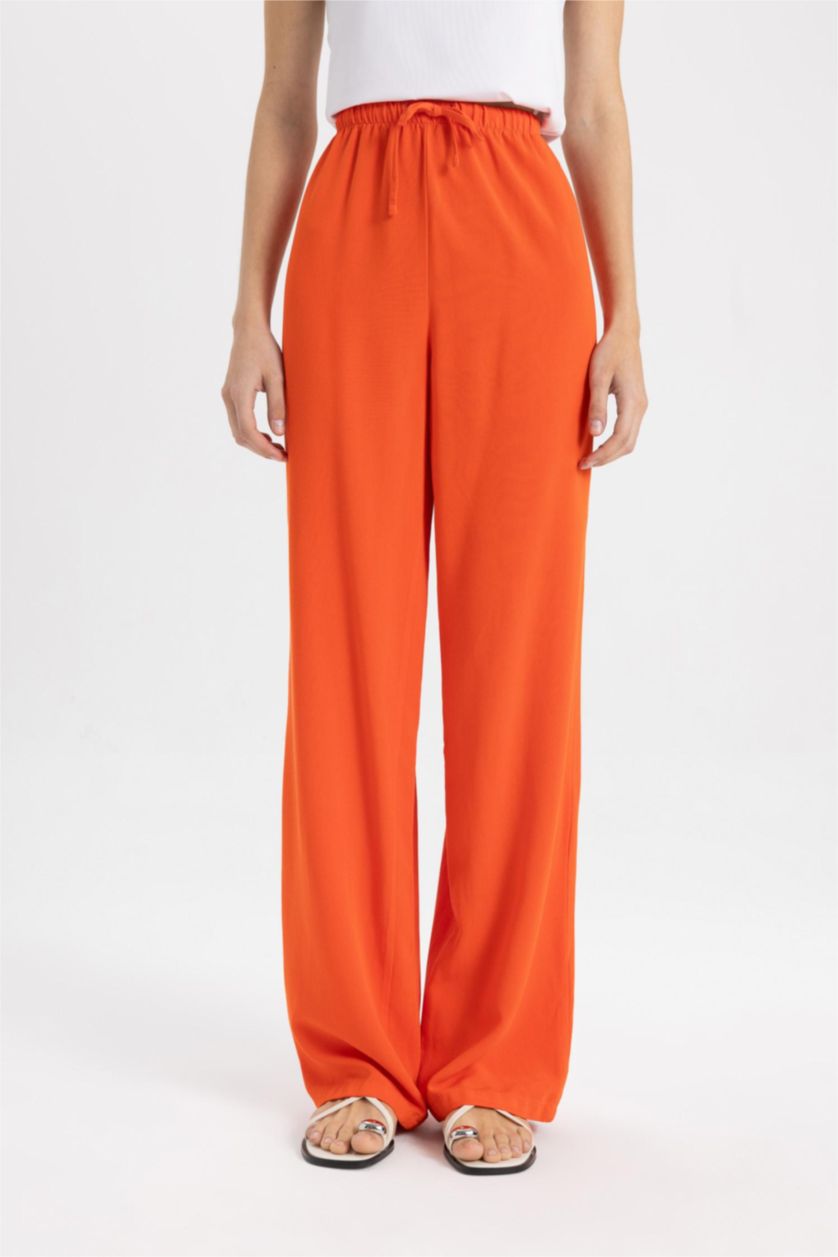 حريمي برتقالي بنطلون قصة مستقيمة برجل واسع وخصر عالي بجيب