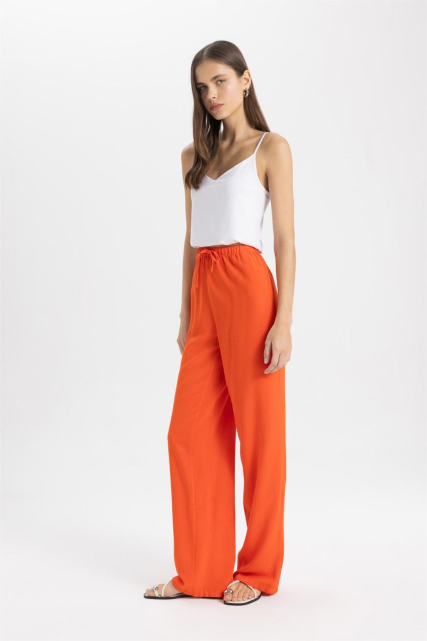 حريمي برتقالي بنطلون قصة مستقيمة برجل واسع وخصر عالي بجيب