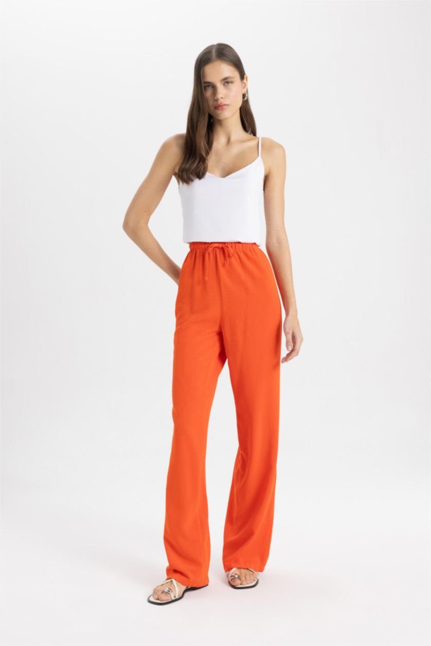 حريمي برتقالي بنطلون قصة مستقيمة برجل واسع وخصر عالي بجيب