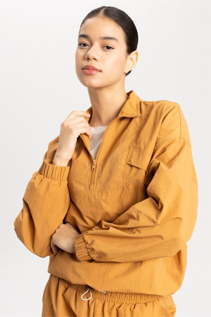 Kadın Camel Oversize Geniş Kalıp Dik Yaka Dokuma Sporcu Hırka